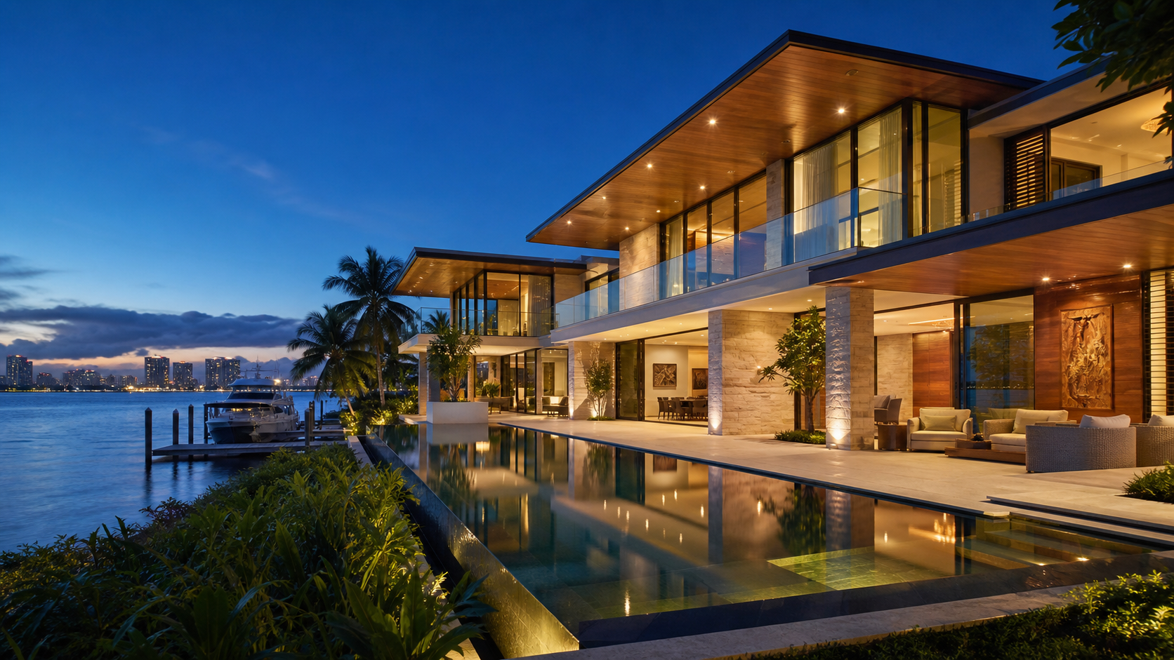 Contemporary waterfront estate on a Miami inlet at blue hour
